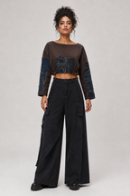 Cropped Patchwork Top with Denim Sleeves