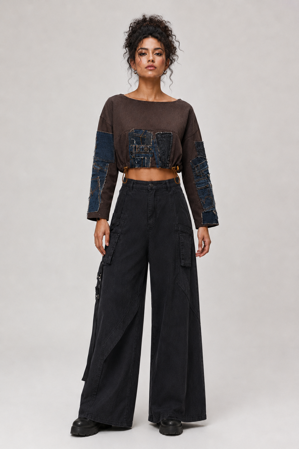 Cropped Patchwork Top with Denim Sleeves