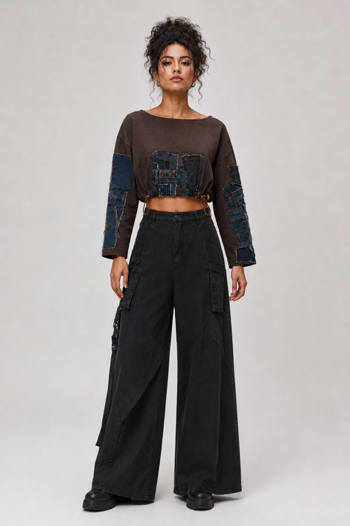 Cropped Patchwork Top with Denim Sleeves