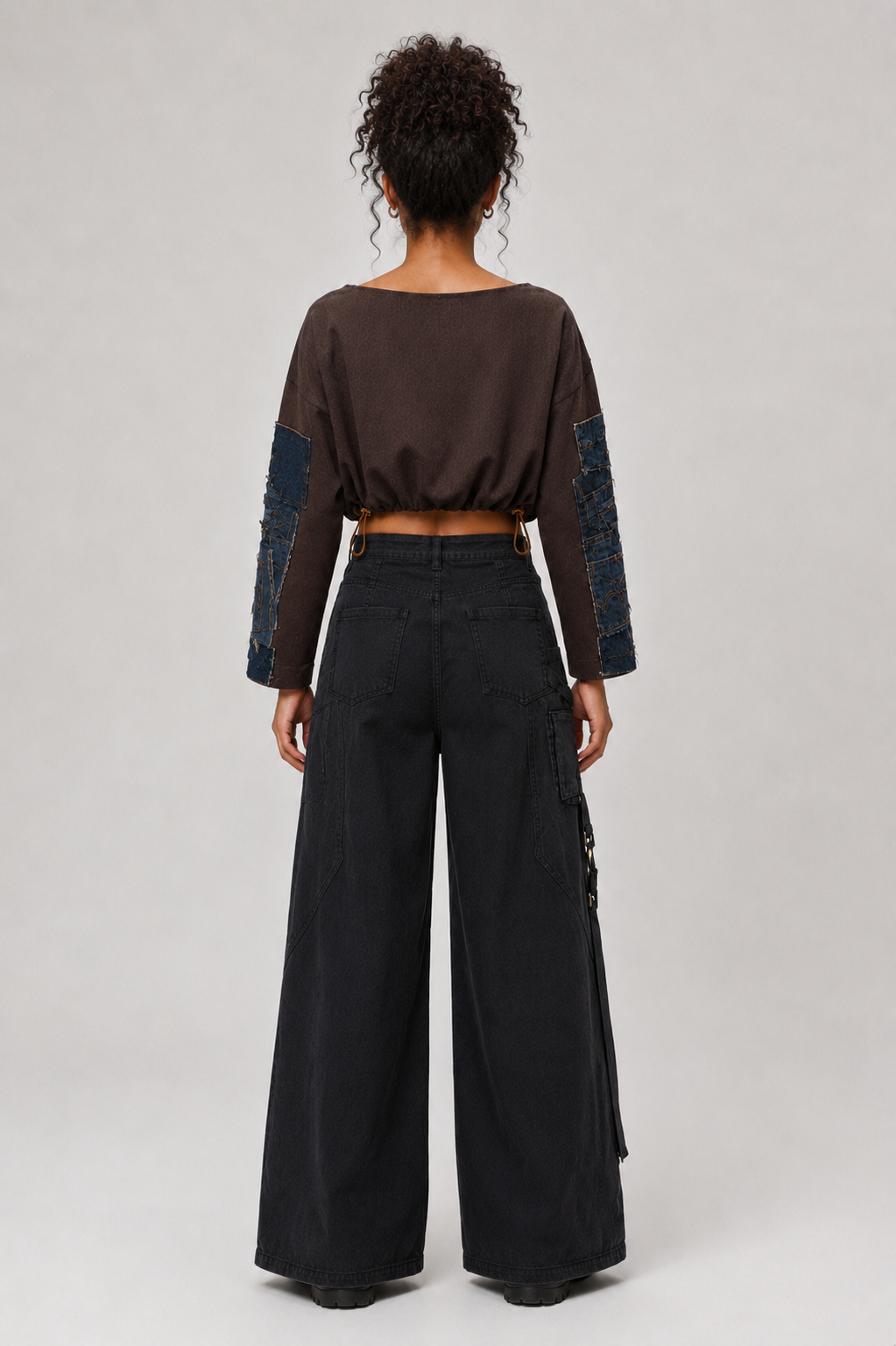 Cropped Patchwork Top with Denim Sleeves