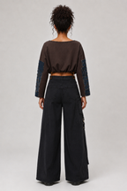 Cropped Patchwork Top with Denim Sleeves
