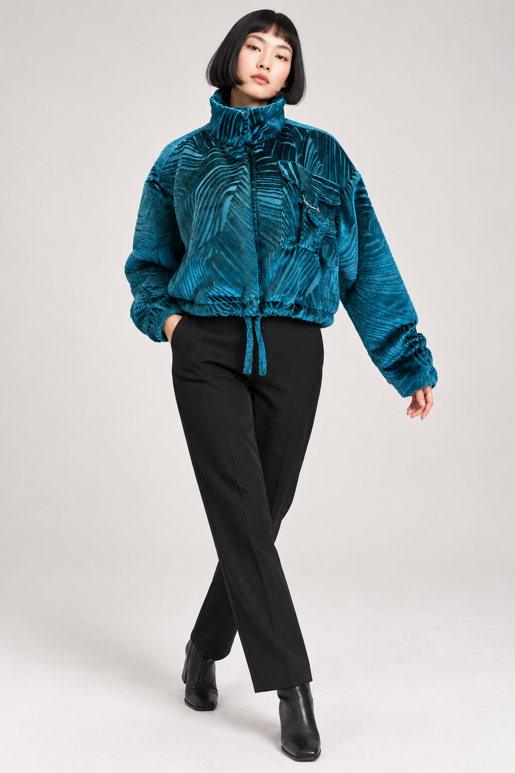 Teal Slouch Velvet Cropped Jacket