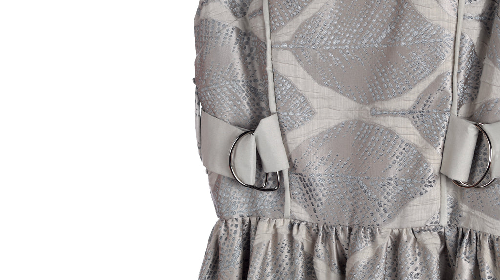 Silver Botanical Jacquard Sleeveless Maxi Dress | Sustainable Occasion Dress with Adjustable Waist