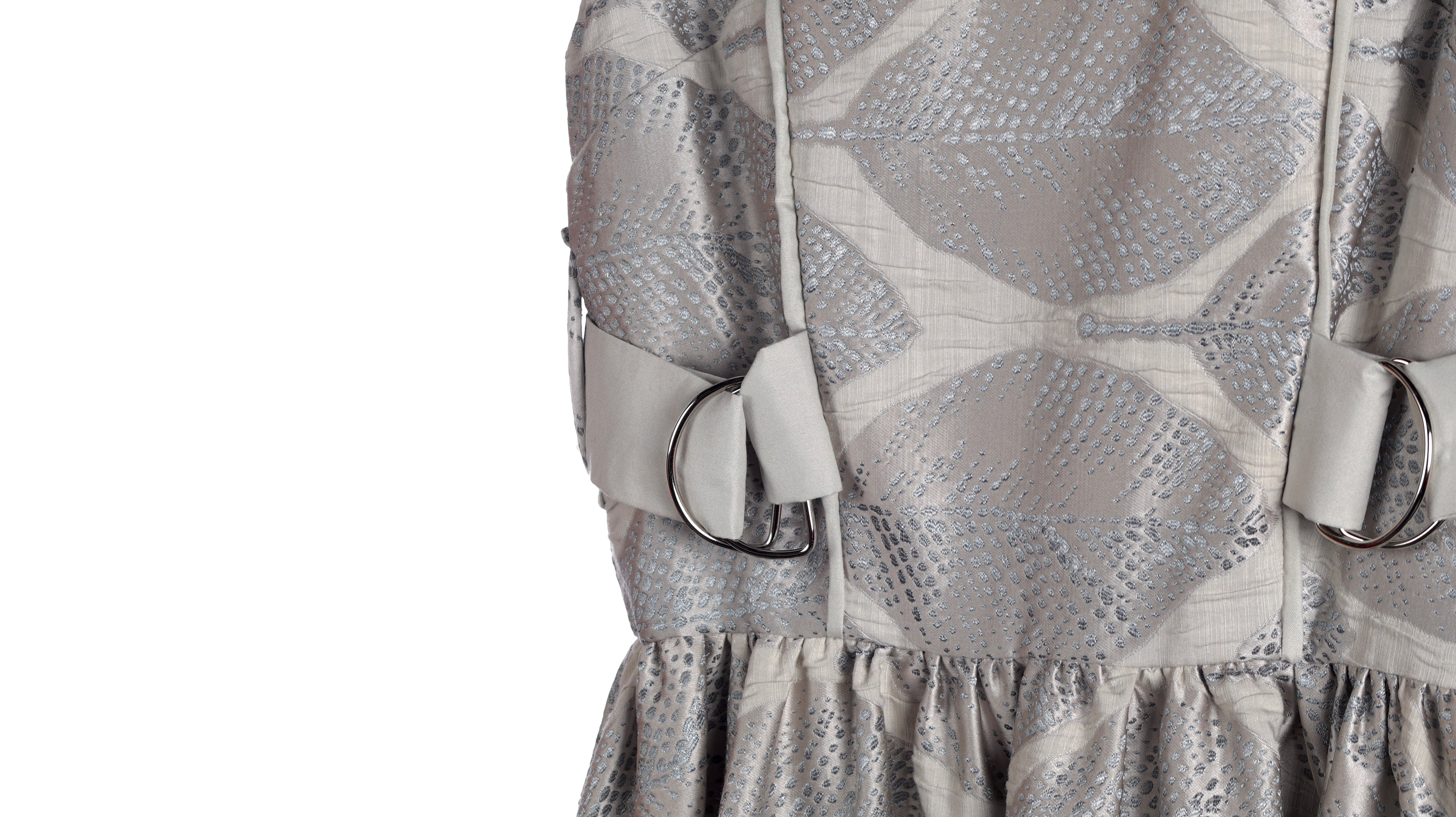 Silver Botanical Jacquard Sleeveless Maxi Dress | Sustainable Occasion Dress with Adjustable Waist