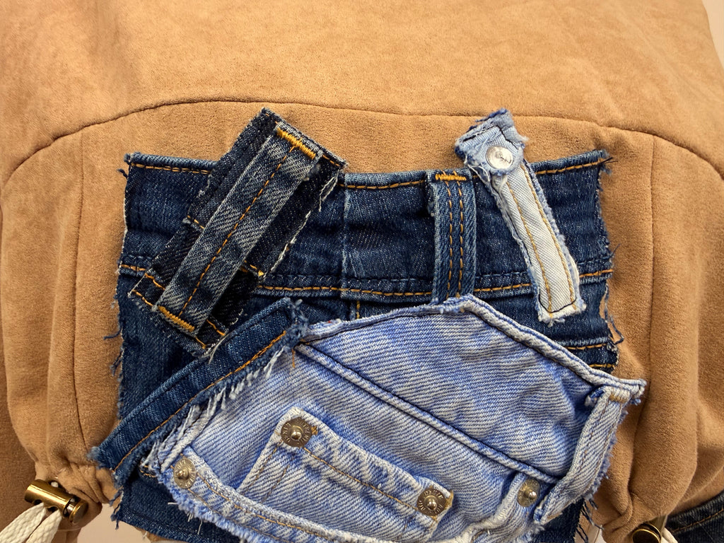 Unisex Camel and Denim Patchwork Cropped Top